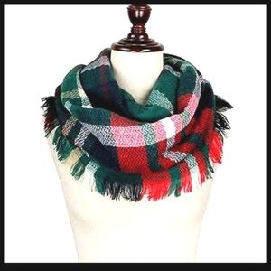 New! Woven Infinity Scarf Red White and Green Plaid